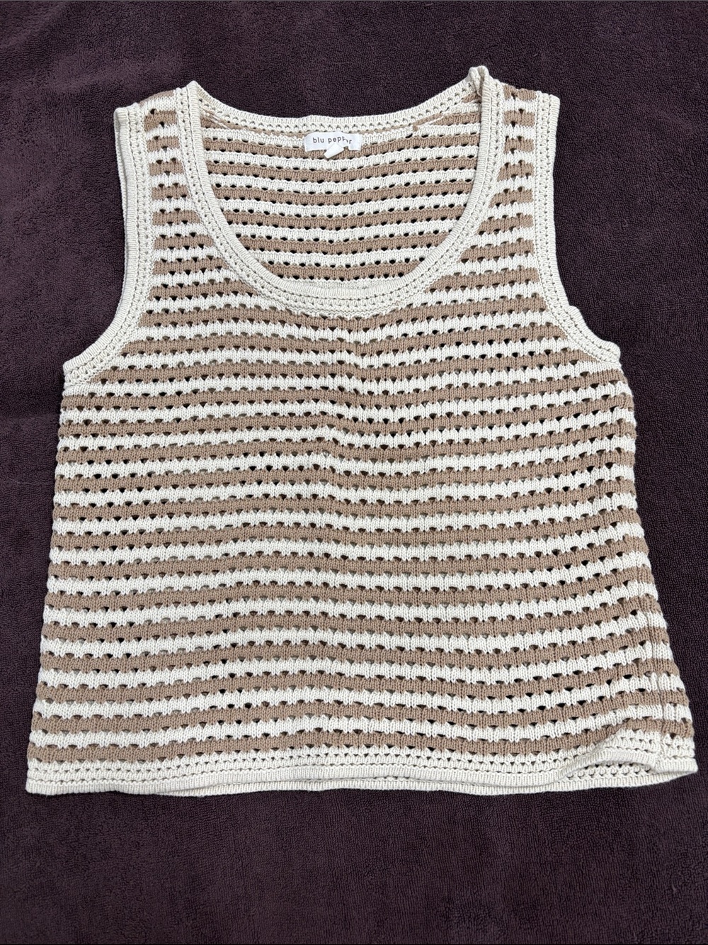 Blu Pepper Cream and Tan Crochet Stripe Tank